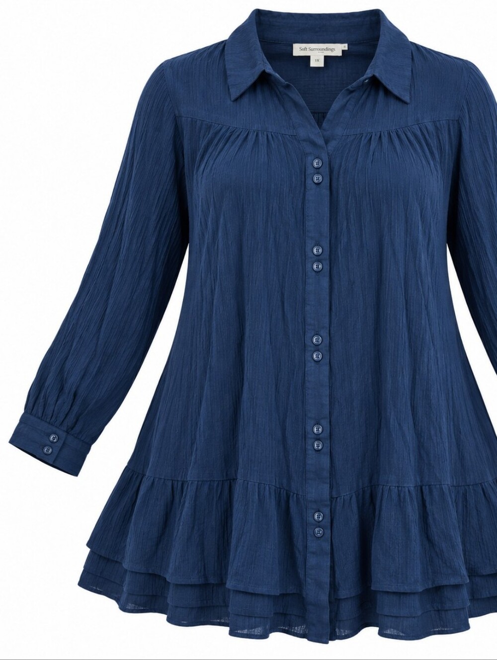SOFT SURROUNDINGS | Navy Crinkle Rayon Tiered Button Tunic Blouse | 1X